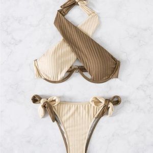 Two Tone Crisscross Tie Side Halter Bikini